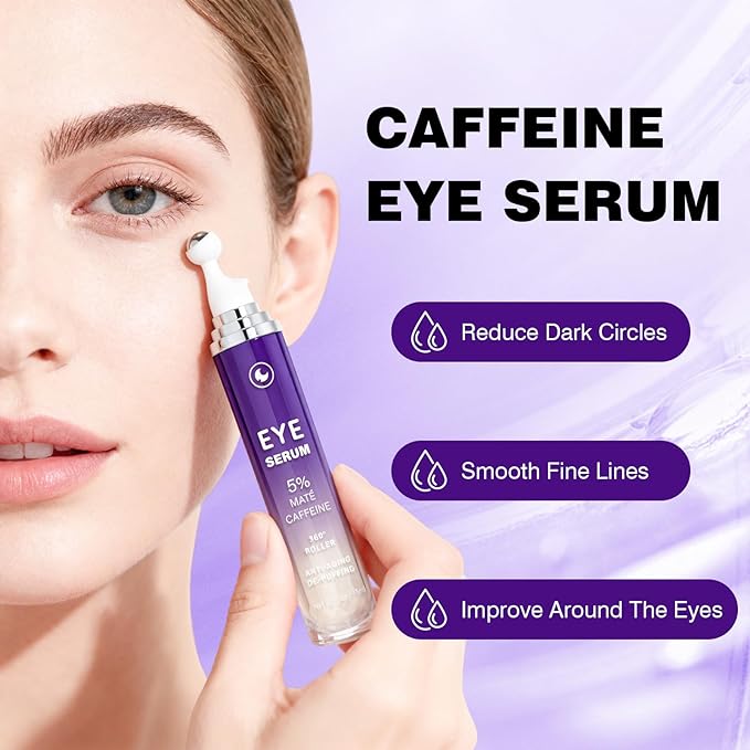 5% Caffeine Eye Serum, Eye Serum Cream Under Eye Roller Cream for Dark Circles and Puffiness Eye Care Eye Roller Serum with 360° Massage Ball, Eye Treatment Balm for Women