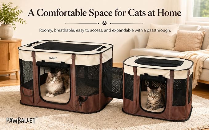 Paw Ballet 2-in-1 Dual-Zone Pet Playpen for Cats & Small Dogs, Portable Indoor Outdoor Pet Enclosure with Connected Rest & Feeding Areas, Foldable Pet Tent with Carrying Bag