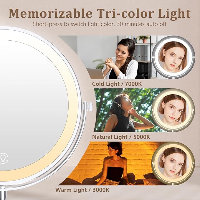 Unimiro 9inch Makeup Mirror with Lights, 1x/20x 5000mAh Makeup Mirrors with Light and Magnification, 360° Rotate Makeup Mirror with Lights and Magnification, 3 Color, 80 LEDs, Stepless Dimmable