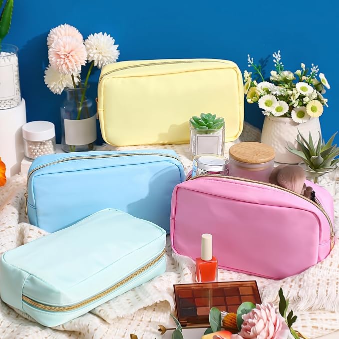 Preppy Makeup Bags Chenille Letter Stuff Bag Nylon Cosmetic Pouch Cases with Zipper for Women Travel Toiletry(Pastel Color,Classic,4 Pcs)
