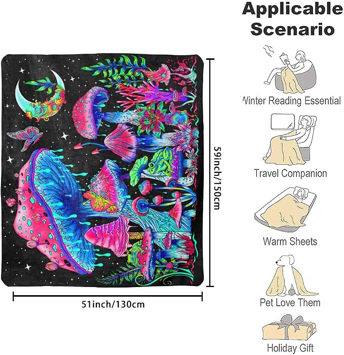 Blacklight Mushroom Throw Blankets Glow in the Dark Black Light Plant Throw Fantasy UV Reactive Mushroom Butterfly Moon Blanket Cute Throw for Bedroom Dorm Decor 59”x51”