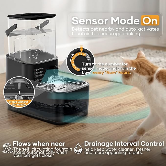 3L Filterless Cat Water Fountain, Wireless, Wastewater Separation | 4000mAh Rechargeable Battery,Motion Sensor Activation,Separate Water Tanks,Gravity Water Refill,Stainless Steel Bowls,Quiet