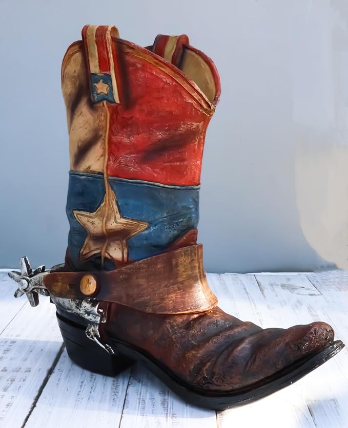 Ebros Gift Patriotic Texas State Flag Western Star Rustic Antiqued Cowboy Boot with Spur Hand Painted Resin Decorative Flower Bouquet Vase Or Planter Figurine American Spirit Home Decor Accent