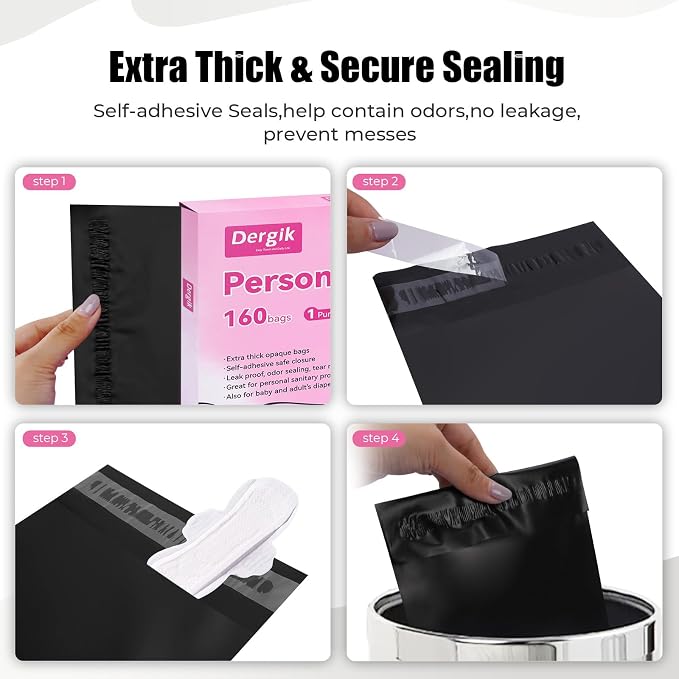 160 pcs Sanitary Napkin Disposal Bags, Personal Care Feminine Hygiene Disposal Bags, Opaque, Odor Control, Discreet Disposal for Tampons, Pads, Liners,Diapers, with Pouch, Black, Packaging May Vary