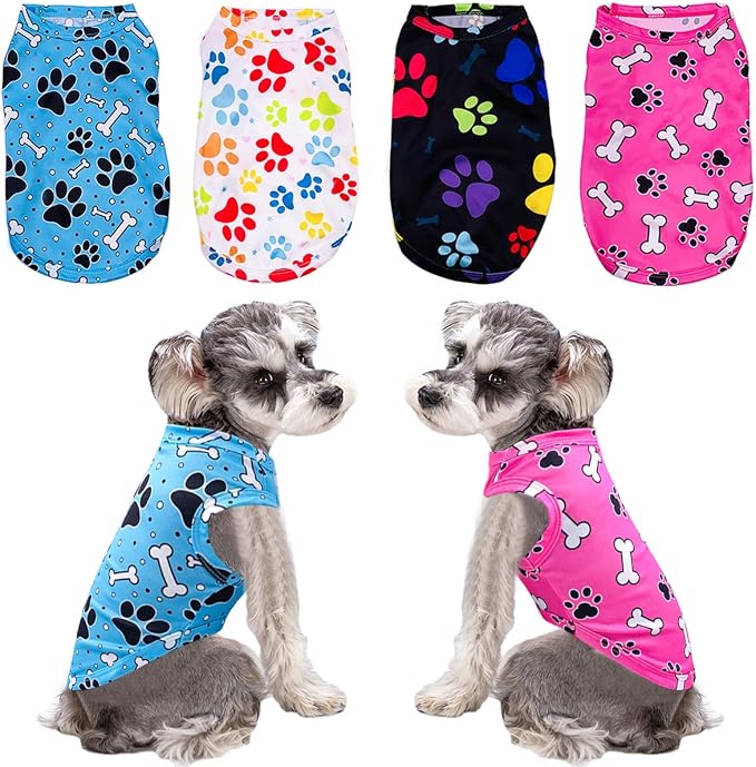 PET SHOW 4 Pack Paw Bone Printed Dog Clothes Shirts Soft Dog Vest Lightweight Sleeveless Cats Doggies T-Shirts Puppies Tank Top Tee Cat Clothes for Small Medium Dogs White Black Pink Blue L