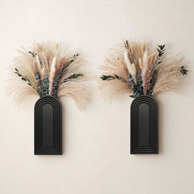 2 Pack Wooden Wall Vase Set with Pampas Grass Eucalyptus, Modern Farmhouse Boho Wall Decor for Living Room, Entryway, Hallway, Bathroom, Dining Room, Black Wall Art for Home Decoration