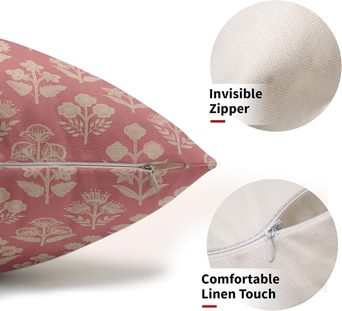 Pink Pillow Covers 12x20 Inch Set of 2, Cream Floral Block Print Pattern Lumbar Decorative Throw Pillowcases Outdoor Farmhouse Rectangle Cushion Covers Spring Summer Sofa Couch Bed Decor