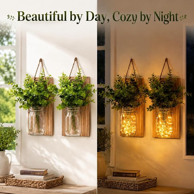Rustic Wall Sconces, Mason Jar Sconces, Farmhouse Home Decor, LED Fairy Lights, Green Fake Plant, Interior Decoration Warm Toned Lighting. (2 Pack)