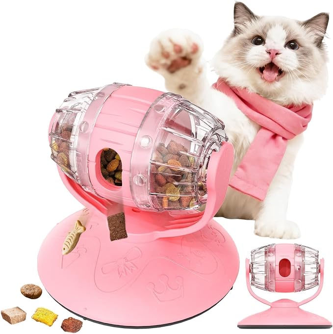 Interactive Cat Treats Dispenser Toy, Puzzle Feeder Food Dispenser, Kitty Interactive Enrichment Toys, Dispensing Foods Slow Feeder National Pet Day Gifts for Indoor Cats IQ Training, Pink