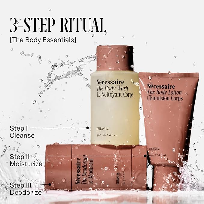 Nécessaire Body Essentials - Skin Care Gift Set For Women + Men - Travel-Size Body Wash, Body Lotion + Deodorant | Dermatologist-Tested. Hypoallergenic | Vegan | Aluminum-Free Deodorant (Olibanum)