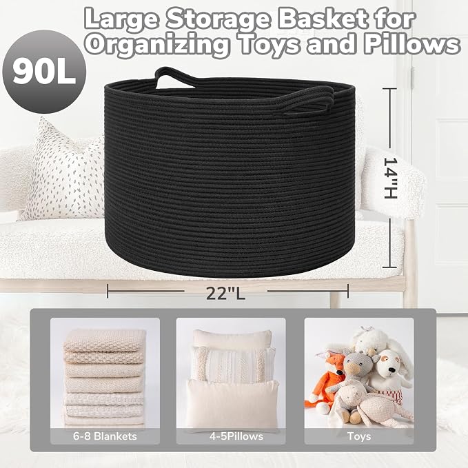 Goodpick Large Woven Basket for Blankets, Nursery & Living Room Decor, 85L | 21.7 x 21.7 x 13.8 In Toy Storage Basket for Nursery, Blanket Basket for Living room, Laundry Basket, Black