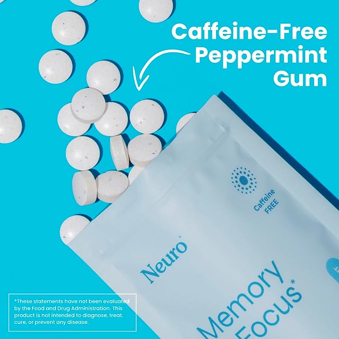 Neuro Memory & Focus Gum - Nootropic Gum with Vitamin B12, Vitamin B6, L-Theanine & Ginseng Extract - Natural Brain Support Supplement - Vegan, Caffeine & Sugar Free Chews - Peppermint, 90 ct