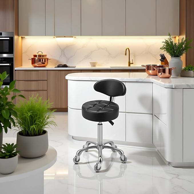 Kaleurrier Swivel Stool Chair Adjustable Height,Heavy Duty Hydraulic Rolling Metal Stool for Kitchen,Salon,Bar,Office,Massage (with Back Rest) (Black)