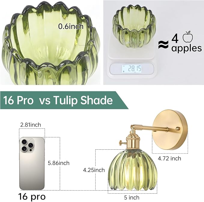 Shenmoyl Vintage Battery Operated Wall Sconce with Green Tulip Glass Lampshade Rechargeable Battery Powered Wall Light with Remote Control for Bedside Bedroom Doorway, Set of 2