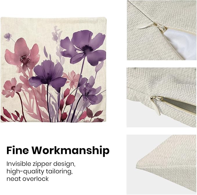Floral Pillow Covers 18x18 Inches Set of 2 Pink Purple Floral Throw Pillow Covers Outdoor Rustic Spring Summer Flower Decoration Pillowcase Farmhouse Decorative Cushion Cover for Home Couch