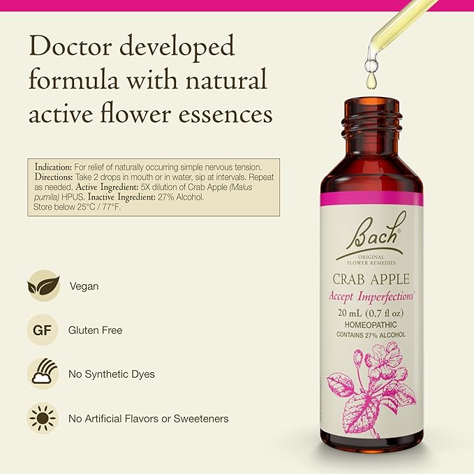 Bach Original Flower Remedies, Crab Apple - Accept Imperfections - Natural Homeopathic Flower Essence for Emotional Balance - Vegan, Gluten Free, Sugar Free - 20mL Dropper