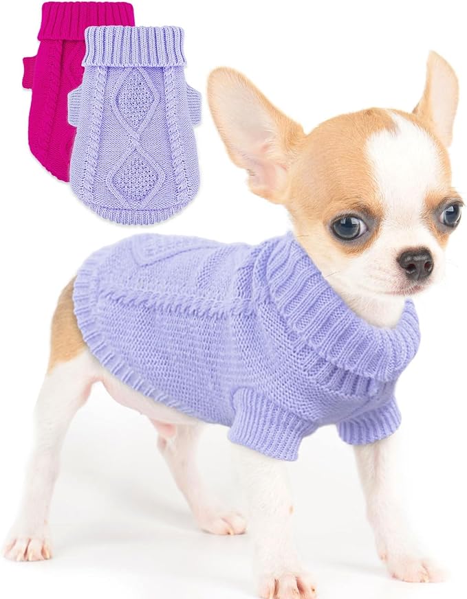 2 Pieces Dog Sweater for Small Dogs Winter Warm Dog Knitted Sweaters Cute Puppy Clothes for Chihuahua Teacup Yorkie Spring Pet Cat Knitwear Turtleneck Thick Clothes M(7.3~11.3lbs)
