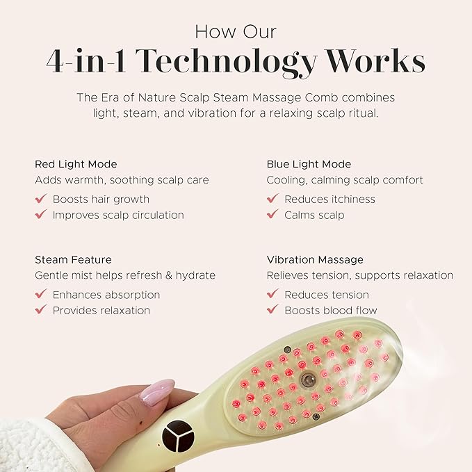 era of nature 4-in-1 Electric Scalp Massager for Thicker-Looking Hair & Root Vitality – Waterproof Vibrating Brush with Red & Blue Light – Rechargeable Follicle Stimulator for All Hair Types, Unisex