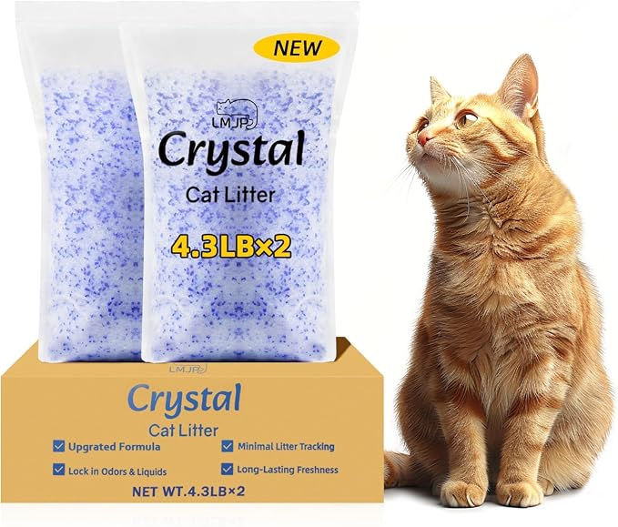 LMJP Crystal Cat Litter for Long-Lasting Odor Control, Non-Clumping, 8.6lb | 2 Months Supply, Unscented, Rapid Water Absorption, Low Tracking, Low Dust, Lightweight, Blue & White Silica, 2 Pack of 4.3lb