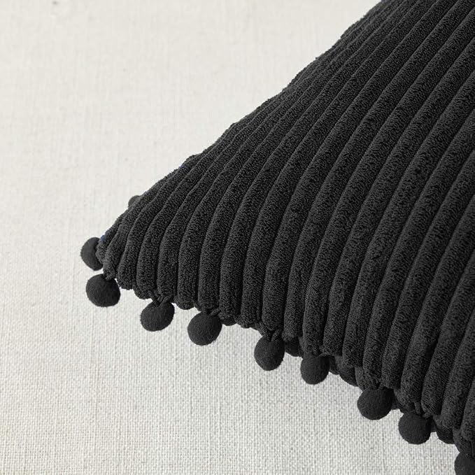 Fancy Homi Pack of 2 Soft Corduroy Decorative Throw Pillow Covers with Pom-poms, Solid Square Cushion Pillow Cases Set for Couch Sofa Bedroom Car Living Room (16x16 Inch/40x40 cm, Black)