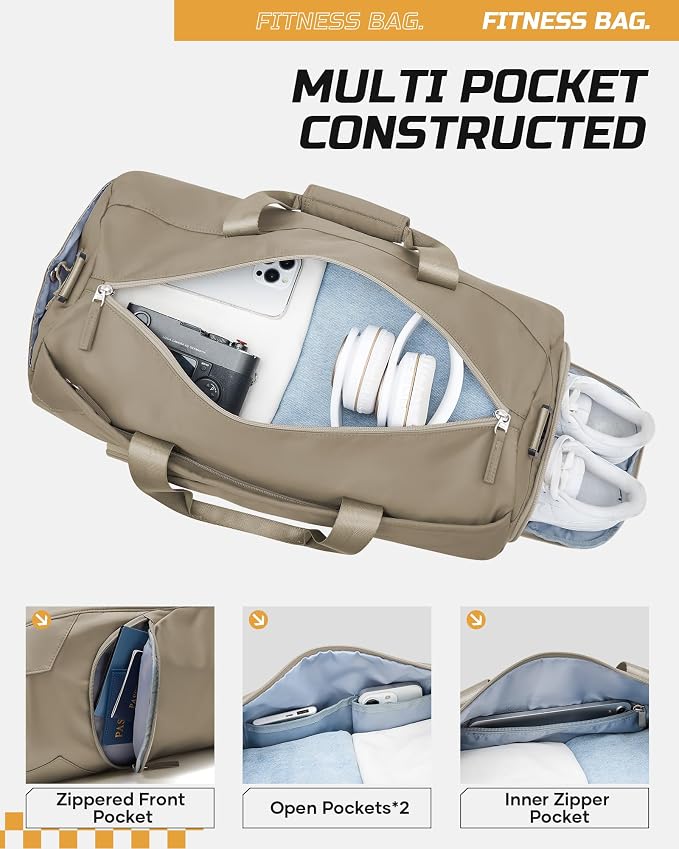 Gym Bag for Women And Mens with Shoe Compartment, Large Duffle Bag with Wet Pocket Carry-on Gym Duffle Bag for Travel and Sports Weekender Overnight Workout Bag Brown