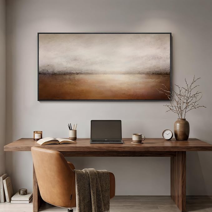Large Framed Brown Abstract Landscape Wall Art for Living Room, 60x30 In | Neutral pictures, Horizontal canvas prints, Wood frame, Earth tone artwork, Modern wall decor for Bedroom dining room office