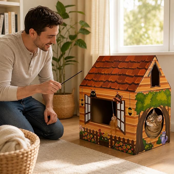 Cinrobiye Cardboard Cat House with Scratcher, Indoor Cat Condo Cat Cave Hideout with Scratch Pad, Cardboard Cat Playhouse Bed for Cats, Kittens, Rabbits & Small Pets (Brown2)