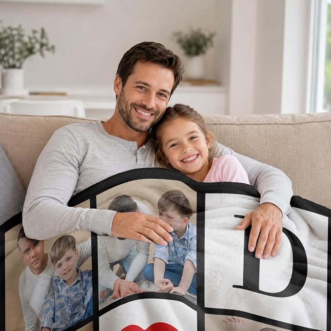Fathers Day Birthday Gift for Dad Custom Blanket with 6 Photo & Text, Personalized Blankets with Picture to My Dad, HD Printing Customized Flannel Throw Blanket Gifts for Best Daddy Grandpa Ever