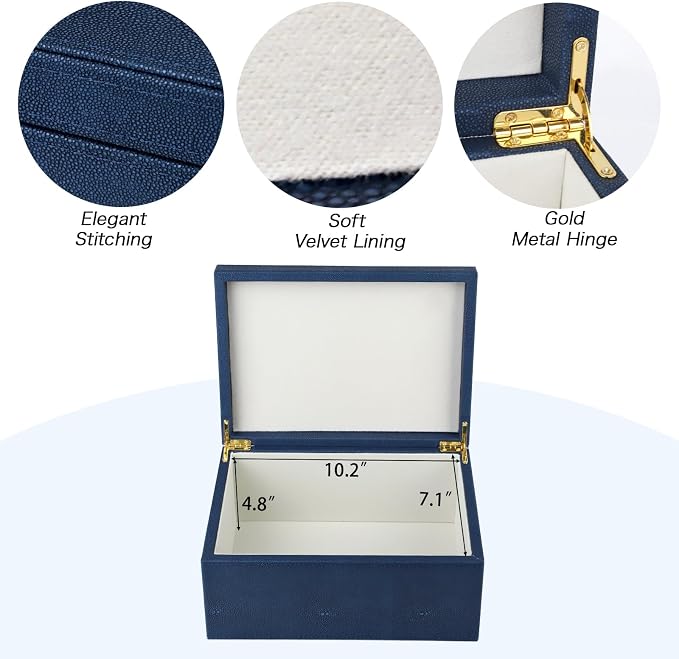 HofferRuffer Faux Leather Decorative Box, Large Wooden Structure Keepsake Box Accessory Organizer Jewelry Organizer with Hinged Lid, Storage Container for Home or Office (NavyBlue Shagreen)