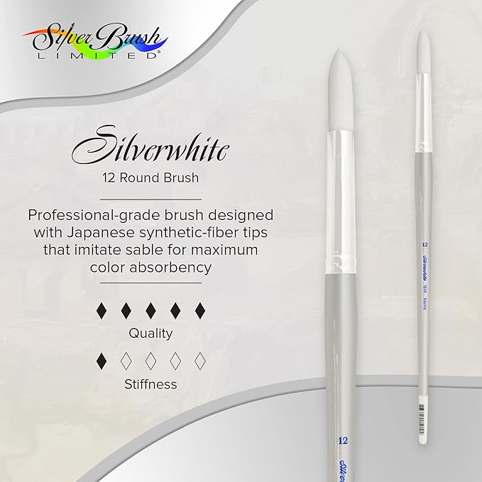 Silver Brush Limited 1500 Silverwhite Round Brush, Watercolor, Acrylics, Gouache, or Oil Brush, Size 12, Long Handle