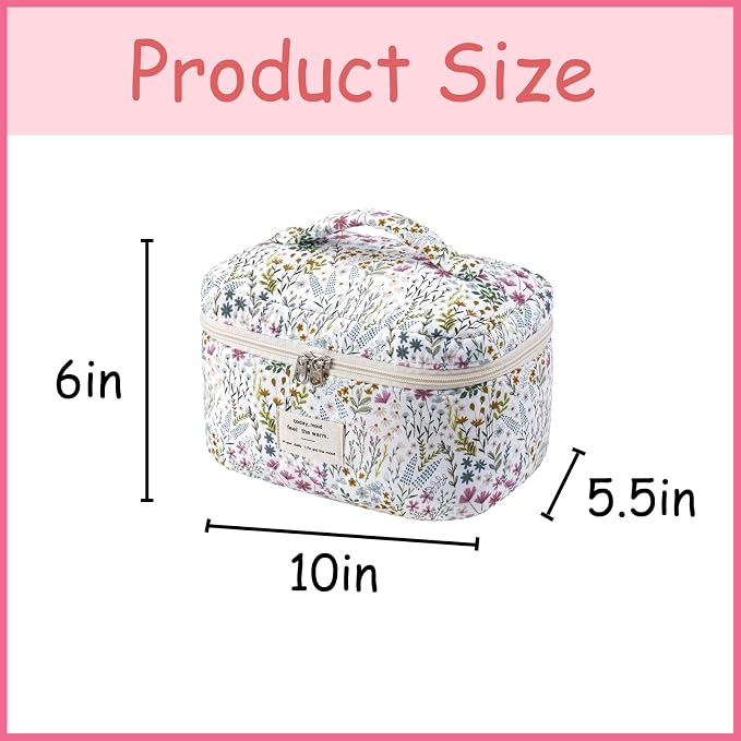 uekeboag Large Travel Quilted Makeup Bag for Women, Floral Cotton Cosmetic Bag, Coquette Aesthetic Floral Toiletry Organizer Bag