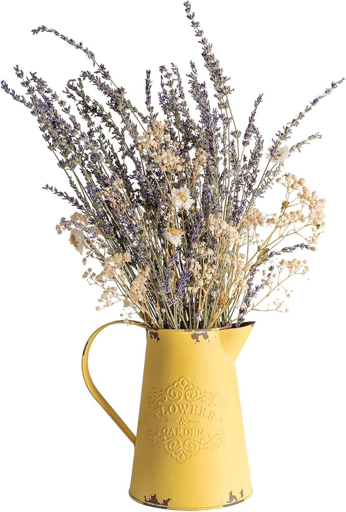 Yellow Metal Flower Vase Vintage Jug Pitcher Shabby Chic Decor Rustic Farmhouse Kitchen Decor for Home