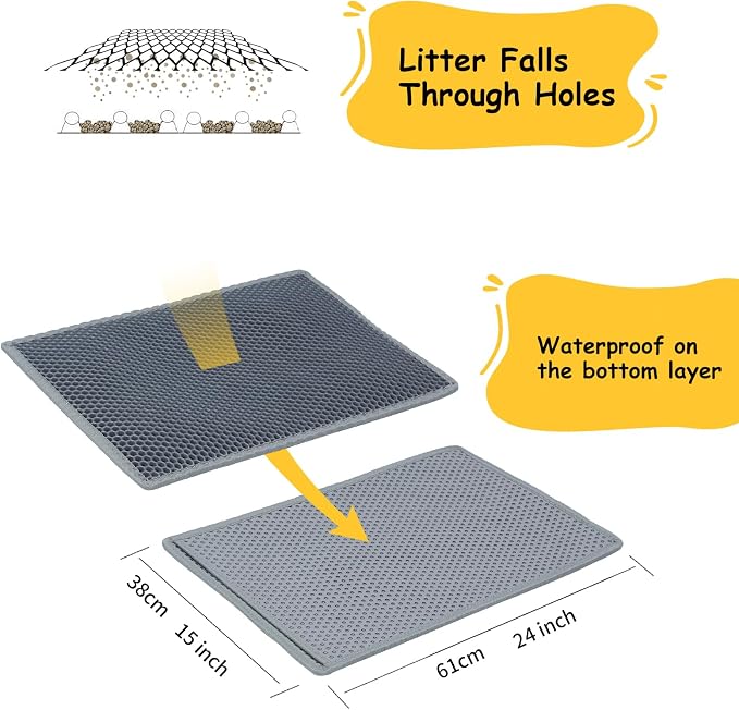 Cat Litter Mats (2-Pack) 24" x 15", Litter Box Mats with Double Layers, Urine-Proof and Non-Slip Litter Trapping Mats, Easy Clean Leakproof , Soft EVA Durable Anti-Scratch Kitty Litter Mat, Grey