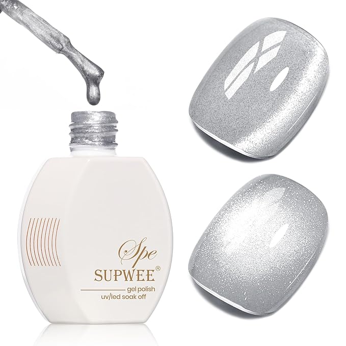 Silver Cat Eye Gel Polish, Magnetic Holographic Gel Nail Polish Glitter Shimmer Gel Polish with Magnet Soak Off U V Gel Salon DIY at Home, 0.5 OZ