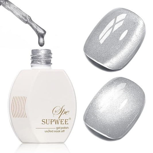 Silver Cat Eye Gel Polish, Magnetic Holographic Gel Nail Polish Glitter Shimmer Gel Polish with Magnet Soak Off U V Gel Salon DIY at Home, 0.5 OZ