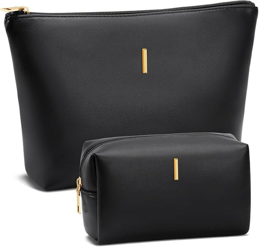 Women Gifts | Initial Makeup Bag for Girl Personalized Gifts for Bridesmaid Friend PU Leather Cosmetic Travel Toiletry Bag(Black,I)