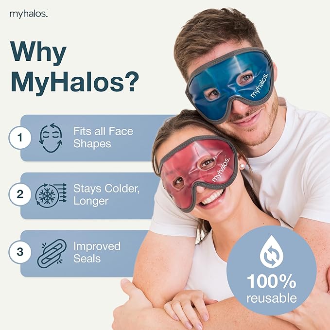 MyHalos® Gel Eye Mask - Reusable Cold Eye Mask with Adjustable Straps- Our Soothing Eye Gel Mask Helps Puffy Eyes, Dark Circles and Hangovers - Our Eye Ice Pack Also Relieves Sinus Pain & Headaches