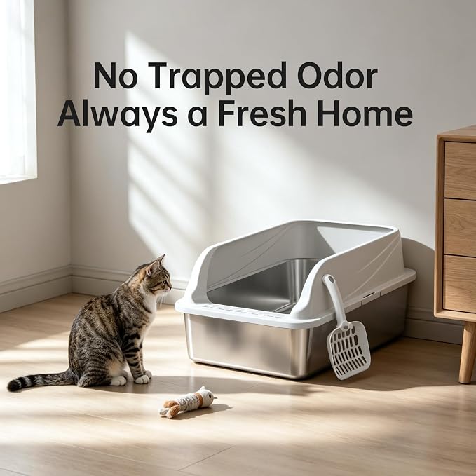 High-Sided Stainless Steel XL Cat Litter Box for Cats | High-sided design prevents urine leakage. Non-stick and easy to clean. Includes scoop.