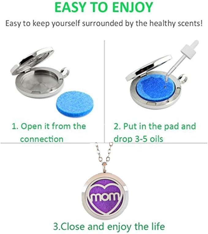 Aromatherapy Essential Oil Diffuser Stainless Steel 30MM Silver Locket Pendant with Chain Necklace and Colored Refill Pads & Diffuser Bracelet All in a Velvet Bag (mom)