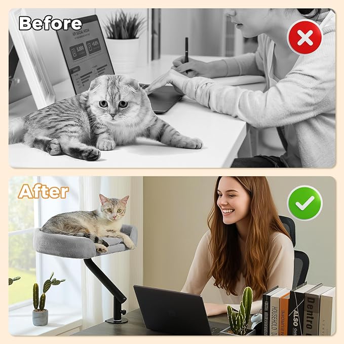 PAWZ Road Cat Desk Bed 360°Rotating Supports to 50 Lbs Cozy Nest for Desk | Elevated Desk Mount Cat Bed with Sturdy Clamp – Fits Desks & Tables, Padded Soft Nest for Cats, Holds Up to 50 lbs
