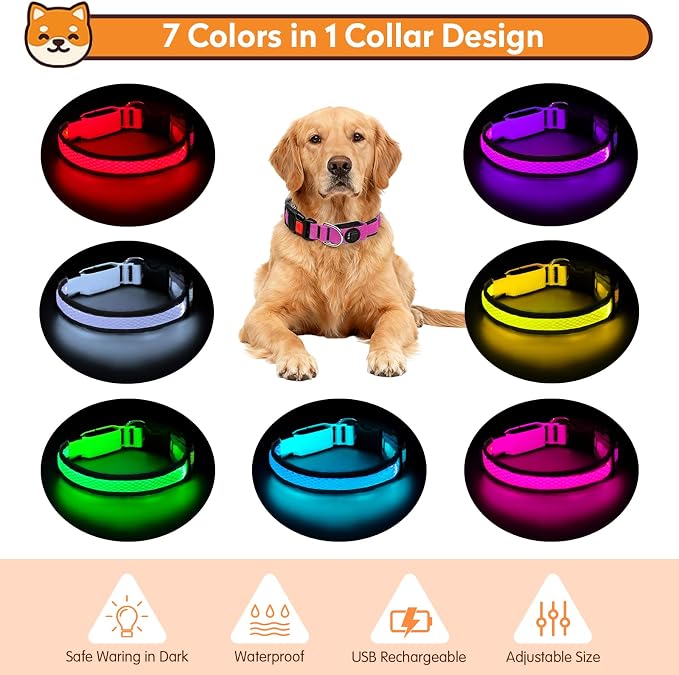 LED Dog Collar, Light Up Dog Collar,for Night Walking(Large,Pink) | Adjustable,Bright RGB 7 Colors Light Glowing Collar,Waterproof,Nylon,Soft,For Medium and Large Dogs,USB C to Charge