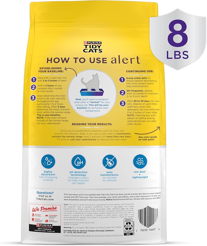 Purina Tidy Cats Care Alert Health Monitoring Litter, 8 lb | Non-clumping color changing crystal litter with long-lasting ammonia odor control