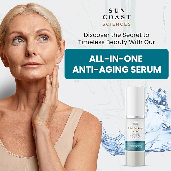 Sun Coast Sciences - Total Package Serum, All-In-One Vitamin C, Hyaluronic Acid, Anti-Aging Facial Super Serum for Wrinkles, Age Spots - 1 fl oz (Pack of 4)