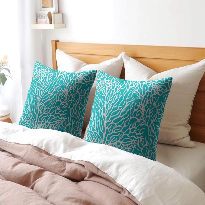Nautical Coastal Coral Pillow Covers 16x16 Inch Set of 2 Summer Ocean Beach Aqua Teal Decorative Pillow Cases Outdoor Linen Cushion Cover Farmhouse Decor for Bedroom Home Sofa Couch Bed