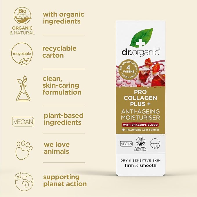 Dr. Organic Pro Collagen Plus + Anti-Ageing Moisturiser with Dragon’s Blood | Reduces Wrinkles, (Dry & Sensitive Skin) Natural, Certified Organic, Paraben & SLS-Free, 50 mL / 1.7 fl oz