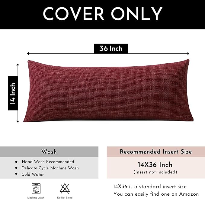 OTOSTAR Linen Throw Pillow Cover Set of 1 Decorative Long Lumbar Pillowcase Rectangle Cushion Cover 14x36 Inch for Home Decor Sofa Bedroom Car 35 x 90CM Burgundy