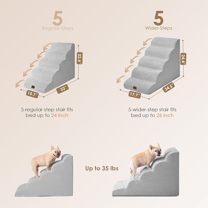 EHEYCIGA Curved Dog Stairs Ramp, 5-Step Extra Wide High Beds, Dog Steps | 33D density of pure foam, for Small Dogs and Cats, Pet Stairs for High Bed Climbing, Non-Slip Balanced Indoor, Light Grey