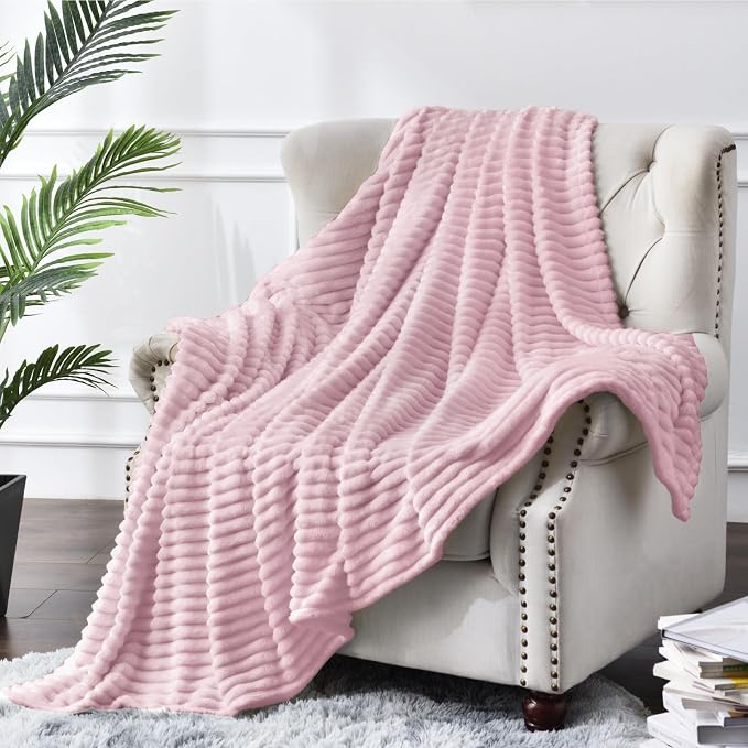 BEDELITE 3D Ribbed Cherry Blossom Fleece Twin Blanket for Bed, 60x80 Inch | Soft Warm Decorative Fluffy Blanket, Cozy Plush Lightweight Fuzzy Throw Blanket for Couch Sofa Room Decor, Gift for Women