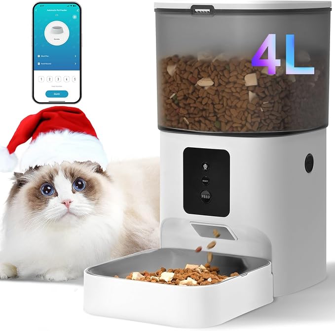 2.4G Automatic Cat Feeder, 4L WiFi Food Dispenser with 10s Voice Recorder, Pet Feeder up to 10 Meals per Day, Timed Cat Feeder with Dry Food Sealed Ring