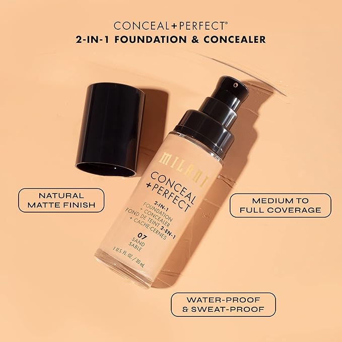 Milani Conceal + Perfect 2-in-1 Foundation + Concealer for a Flawless Complexion, Under Eye Corrector, Cover Redness and Imperfections, Waterproof and Sweatproof - Nude